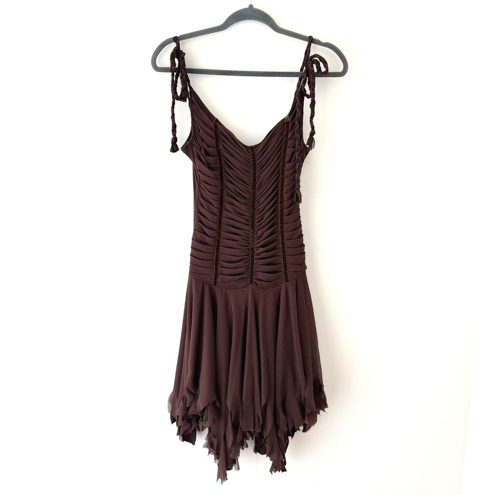 Y2K Fairy Grunge Dress L Brown Chiffon Handkerchief Hem Whimsigoth Velvet Trim